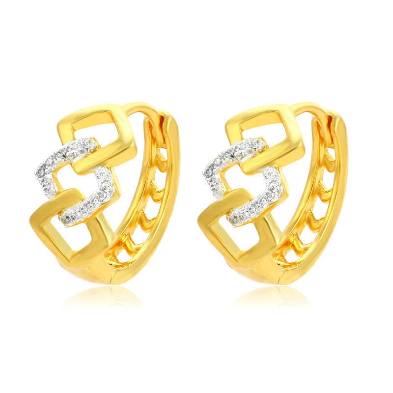 Geometric hollow-out gold electroplated alloy earrings with ear clip fastening, lightweight 2.5g design
