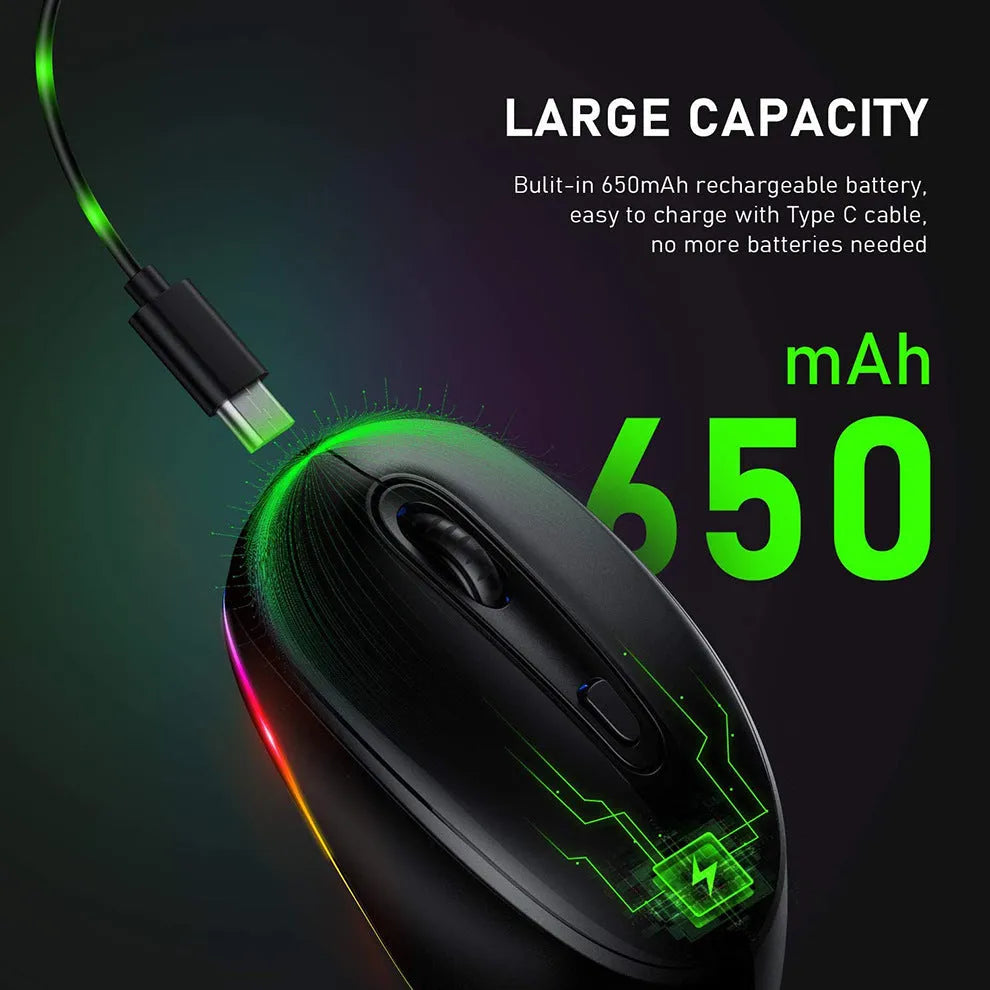 24g wireless mouse with ergonomic design showing seven colour options and USB charging cable