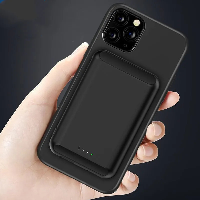 Magnetic wireless power bank measuring 85x55mm with 5000mAh capacity in multiple colour options