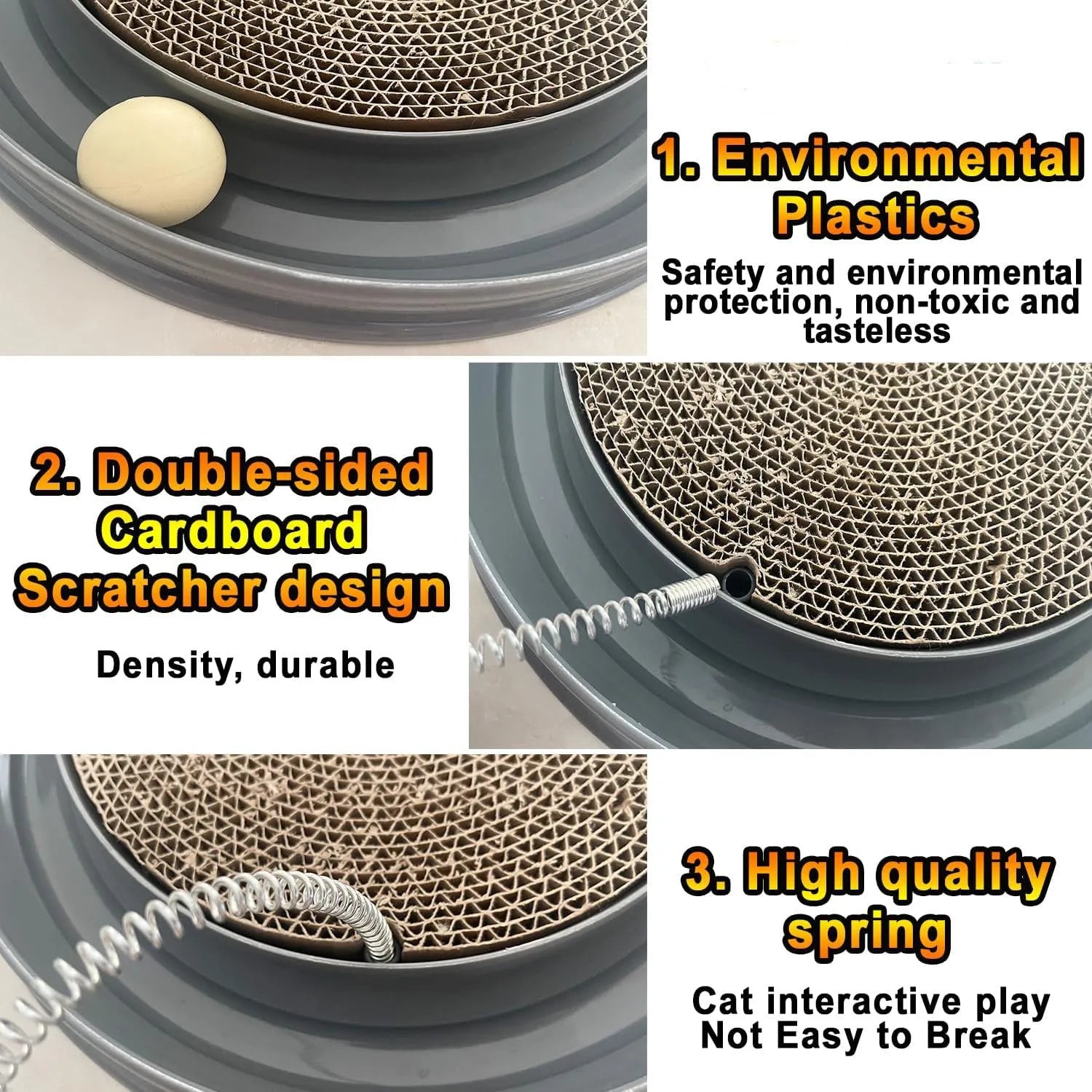 Blue cat scratcher with circular base, corrugated cardboard pad, and ball in track for interactive play