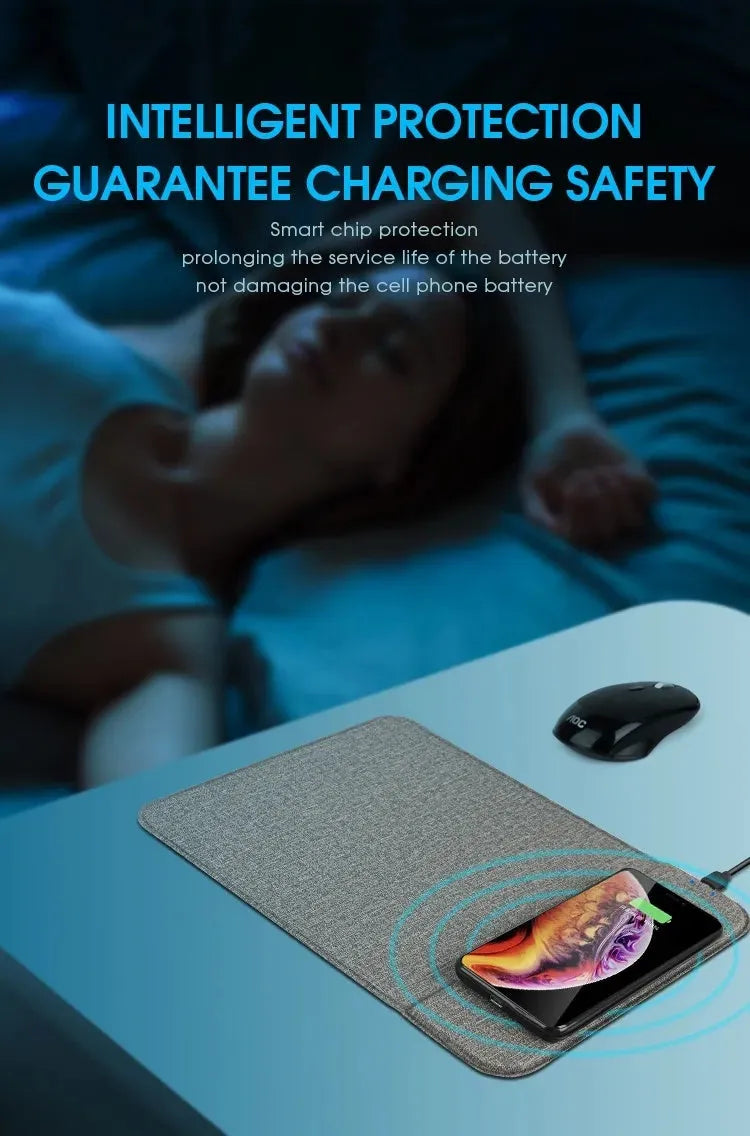 Foldable cloth wireless phone charger showing charging distance and compact folded size