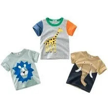 Children's cotton T-shirt with green lion print, showing size chart for 90cm to 140cm.