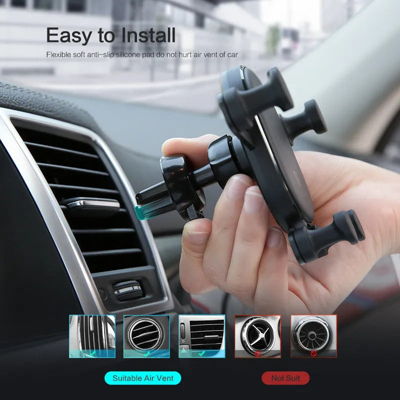 Black car air vent phone holder with 360-degree rotating bracket on a grey background.