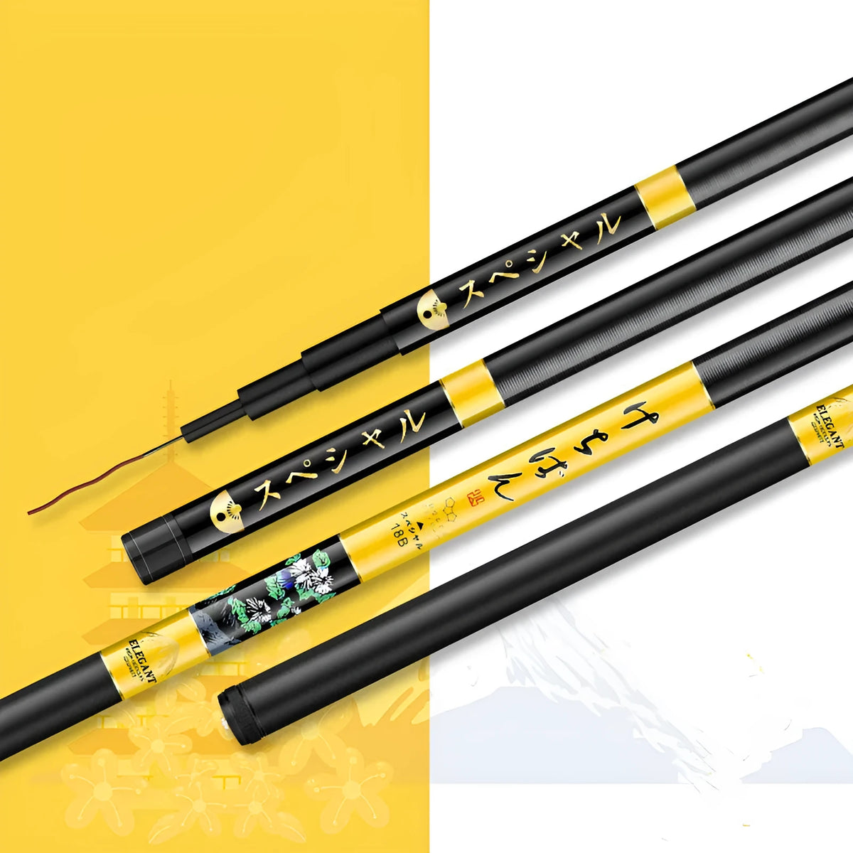 5H19 hardened carbon fishing rod with 28 fishing and 19 fishing colour options, shown in a 3.6m to 7.2m length range