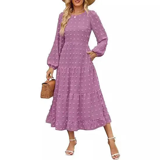 Autumn long sleeve dress with ruffled sleeves and high waist in beige colour, casual round neck design