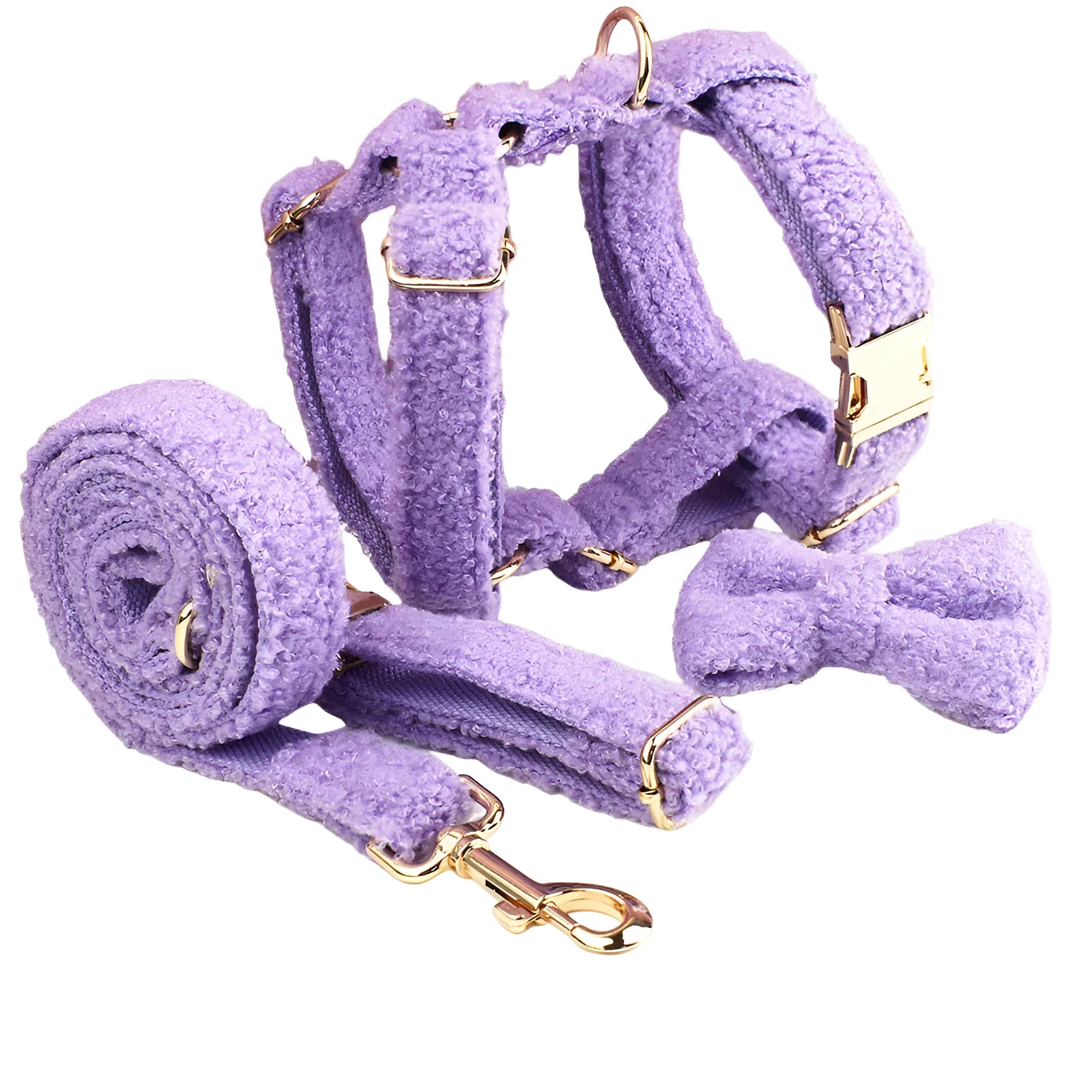 Four-piece cloth dog set showing collar, leash, bow, and vest for small to extra large dogs