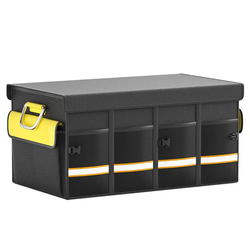 Black and yellow foldable car boot storage organiser bag with handle in three size options.