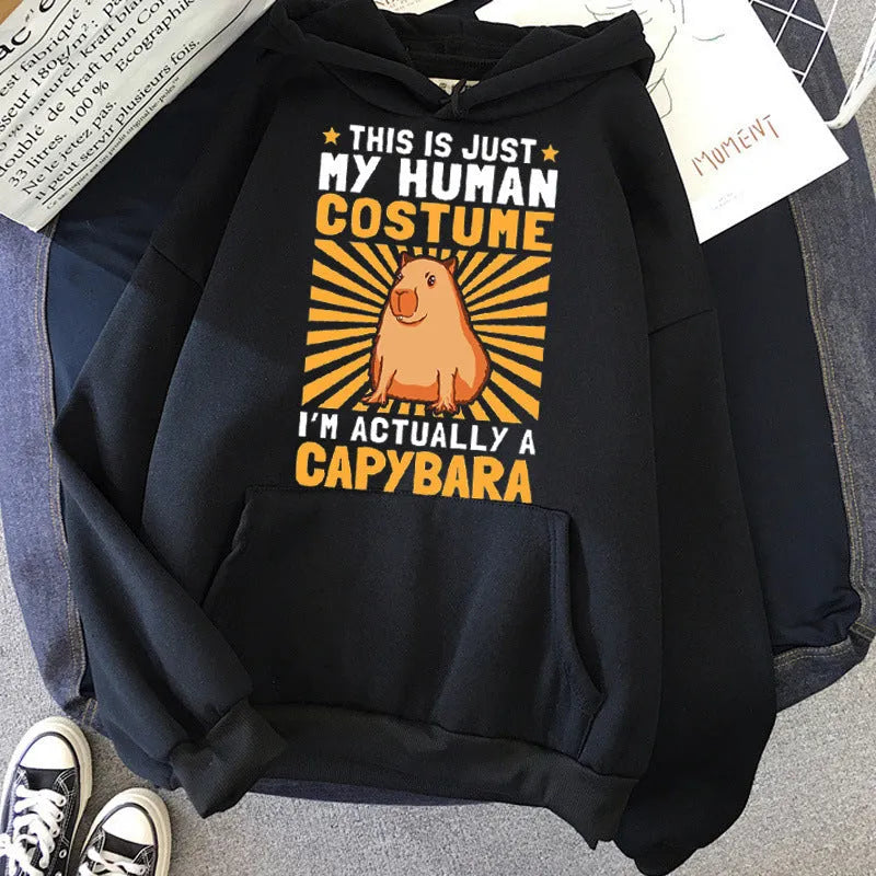 Grey capybara print hoodie with hood and long sleeves, loose polyester pullover for adults, sizes XS to XXXL
