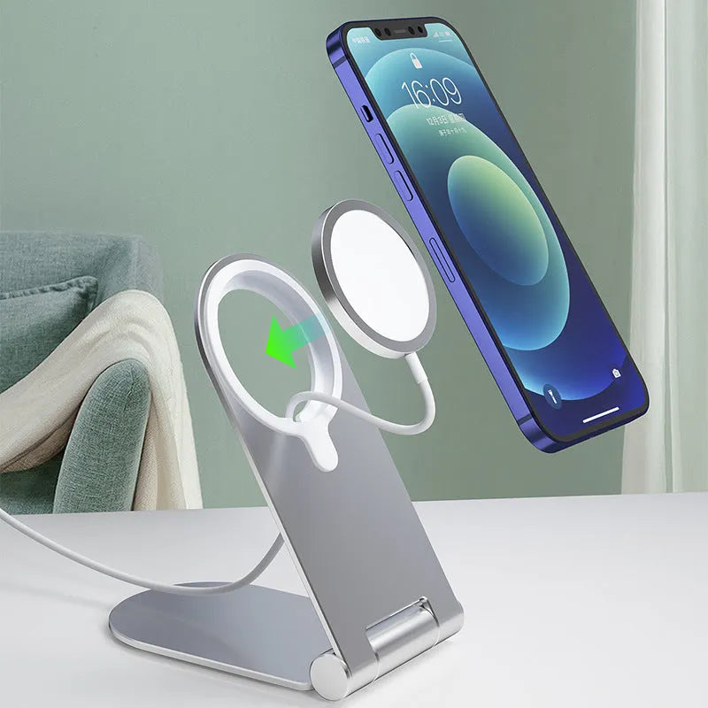 Silver vertical adjustable magnetic phone bracket measuring 105mm by 110mm for iPhone12 mounting