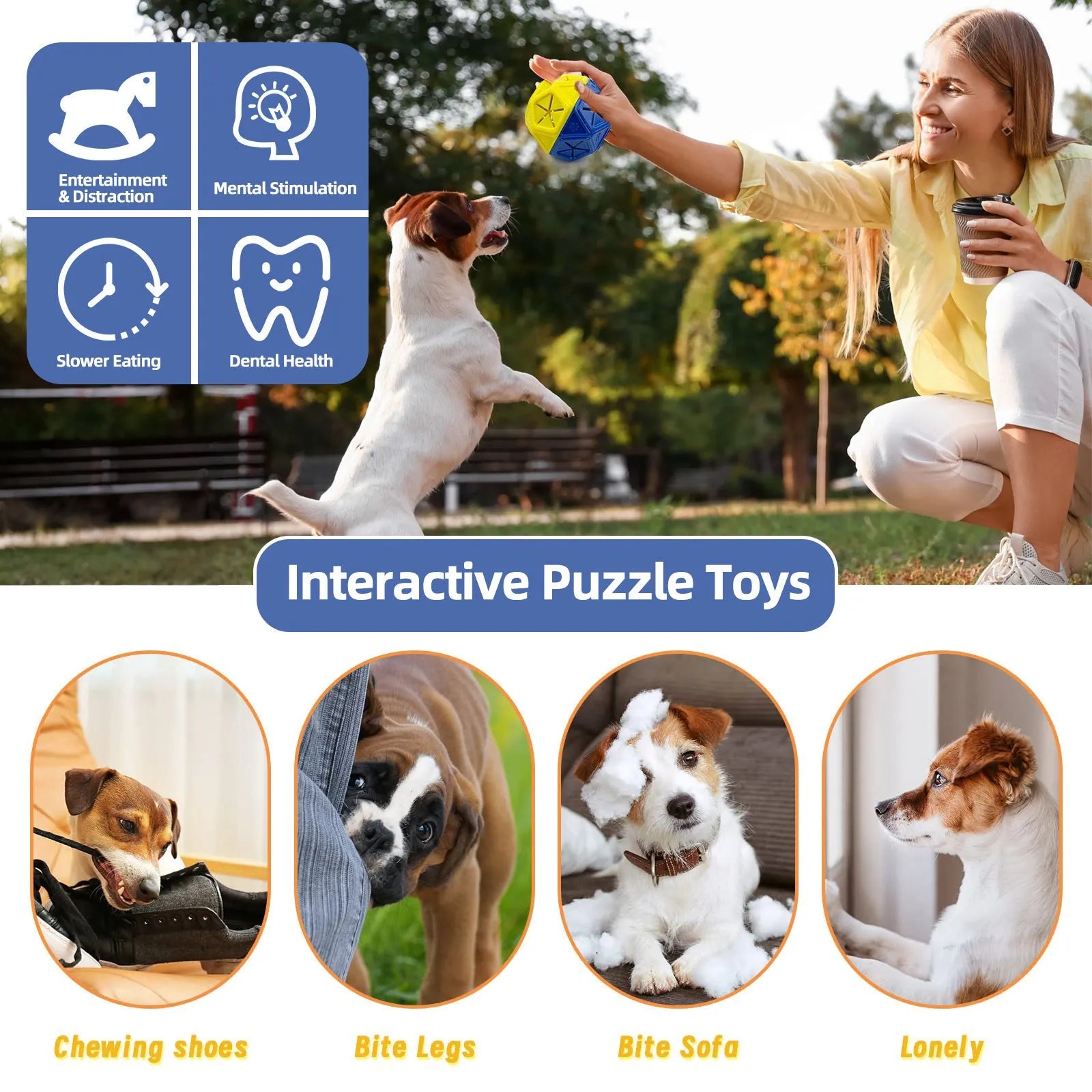 Red and blue bite-resistant rubber hollow dog toy ball for food dispensing and interactive play.
