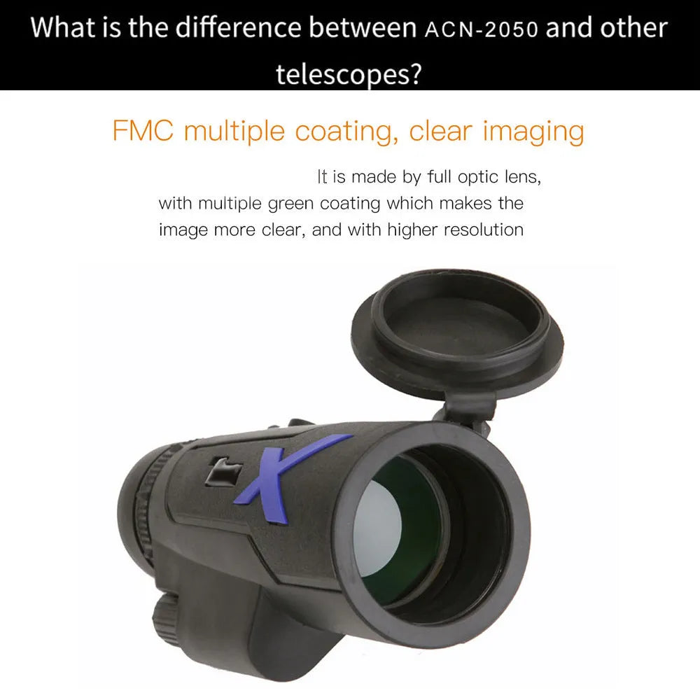 Black 20x50 monocular telescope with 12x magnification for outdoor observation.