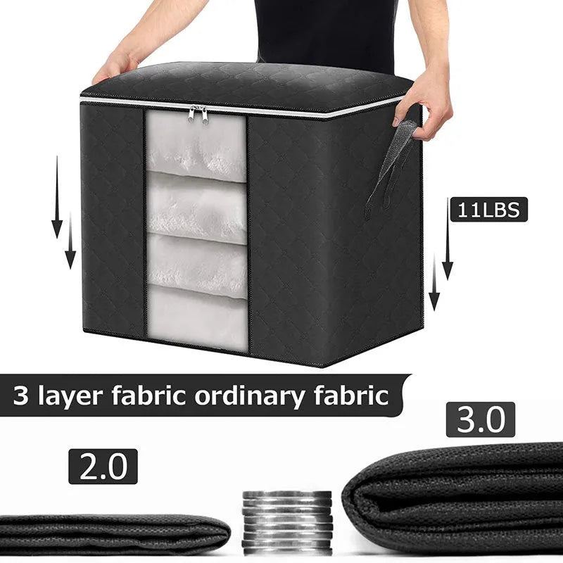 Non-woven storage bag for quilts and clothing with handbag design in beige colour showing seal function