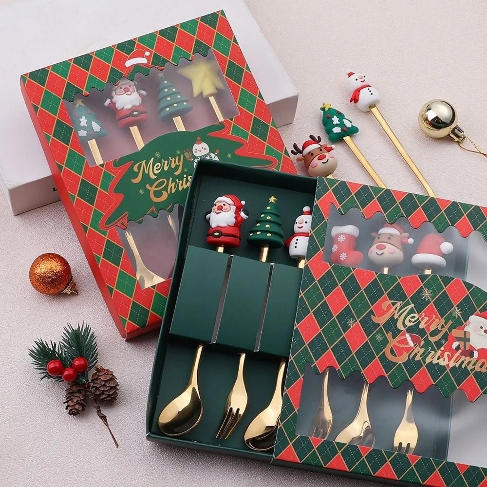 Red-handled Christmas spoon and fork set with tree, snowman, Santa, reindeer and stocking designs