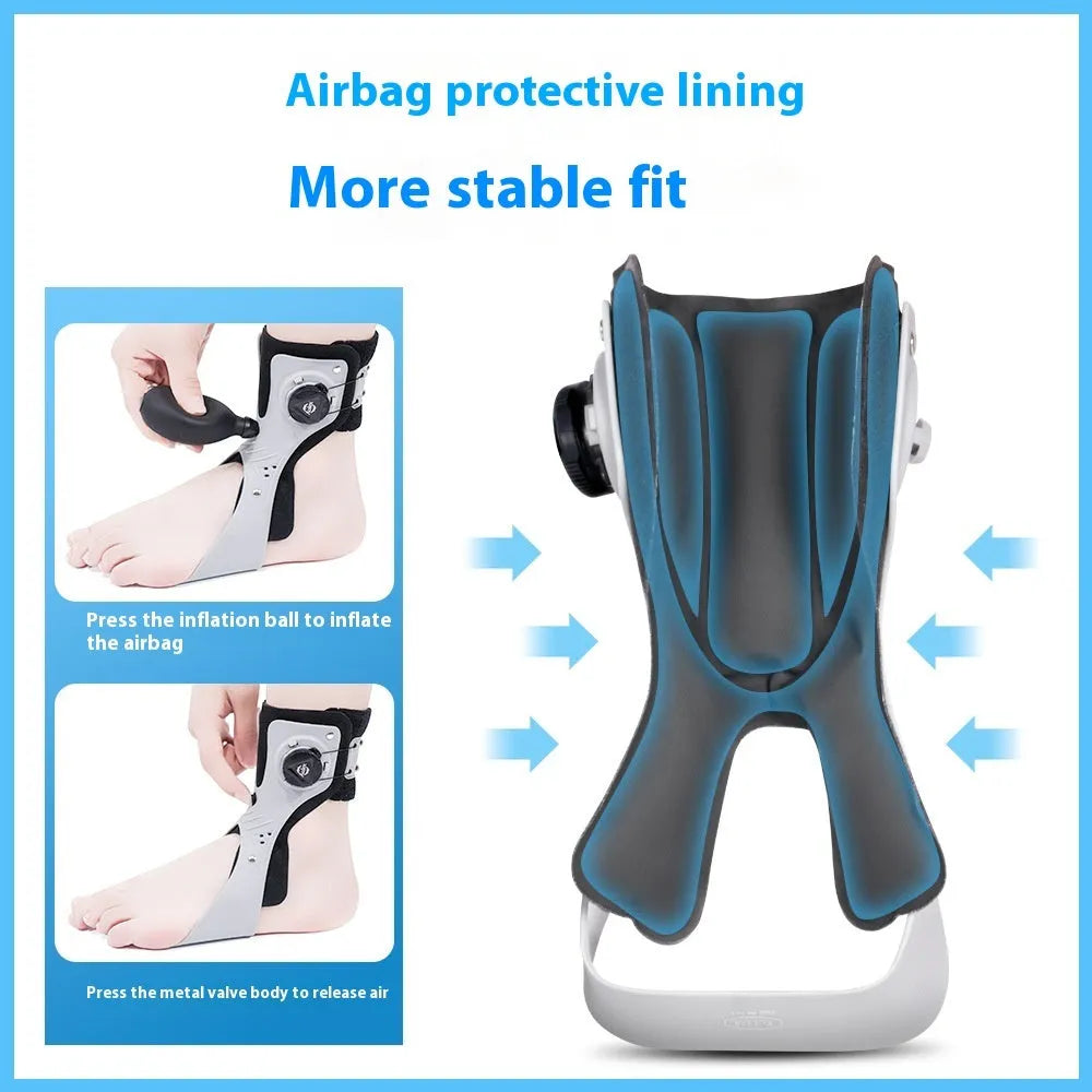 Grey ankle support brace with adjustable airbag button, shown on left foot