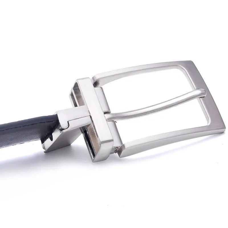 Men's dark brown and black casual leather belt with a silver rotating pin buckle, laid flat.