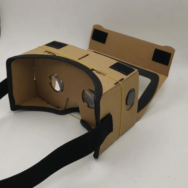 VR Cardboard Glasses showing cardboard frame with 3D lenses, adjustable rubber band, and velcro strap for smartphone virtual reality