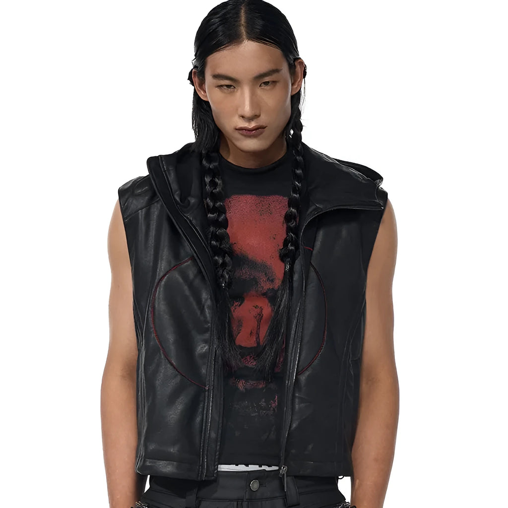 Black slim fit PU leather waistcoat coat for men with hood and five-pointed star detail.