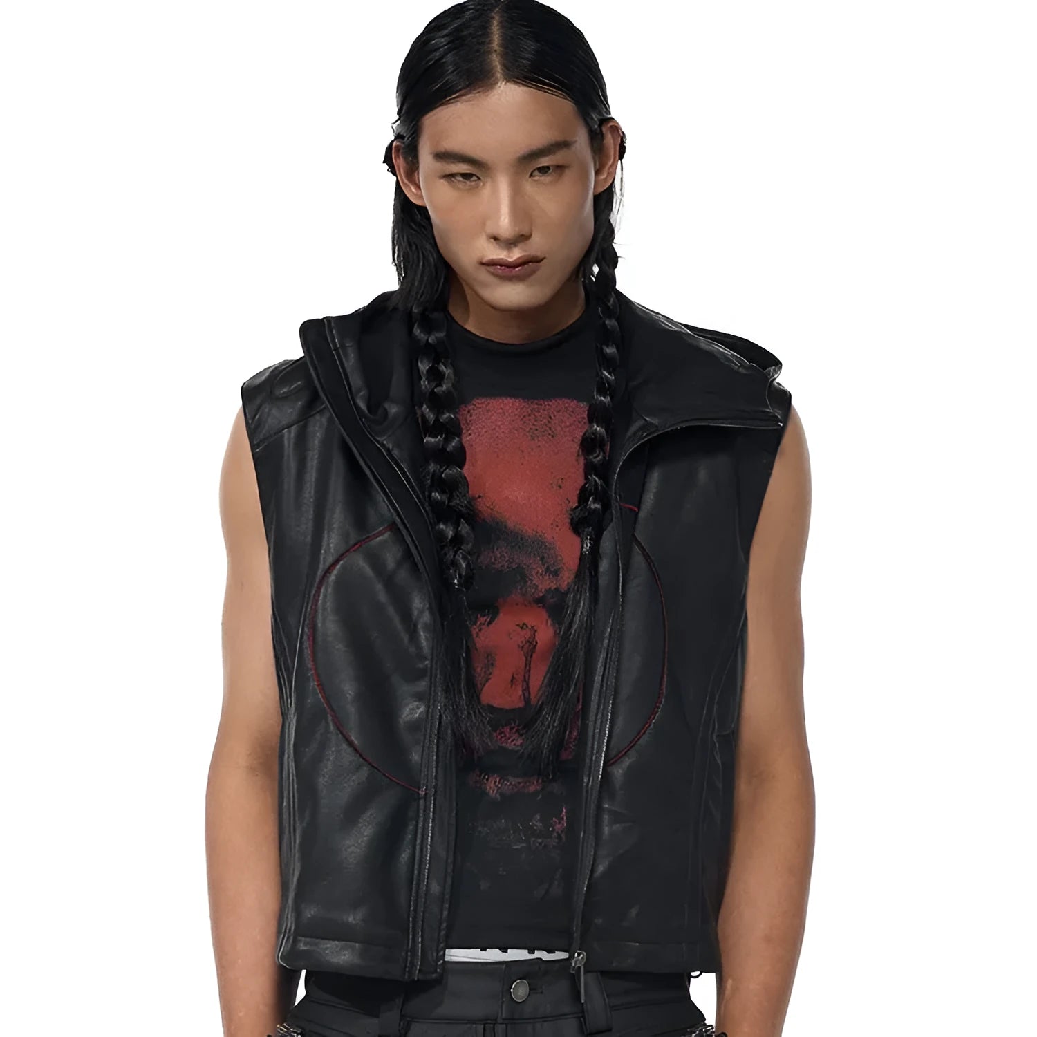 Black slim fit PU leather waistcoat coat for men with hood and five-pointed star detail.