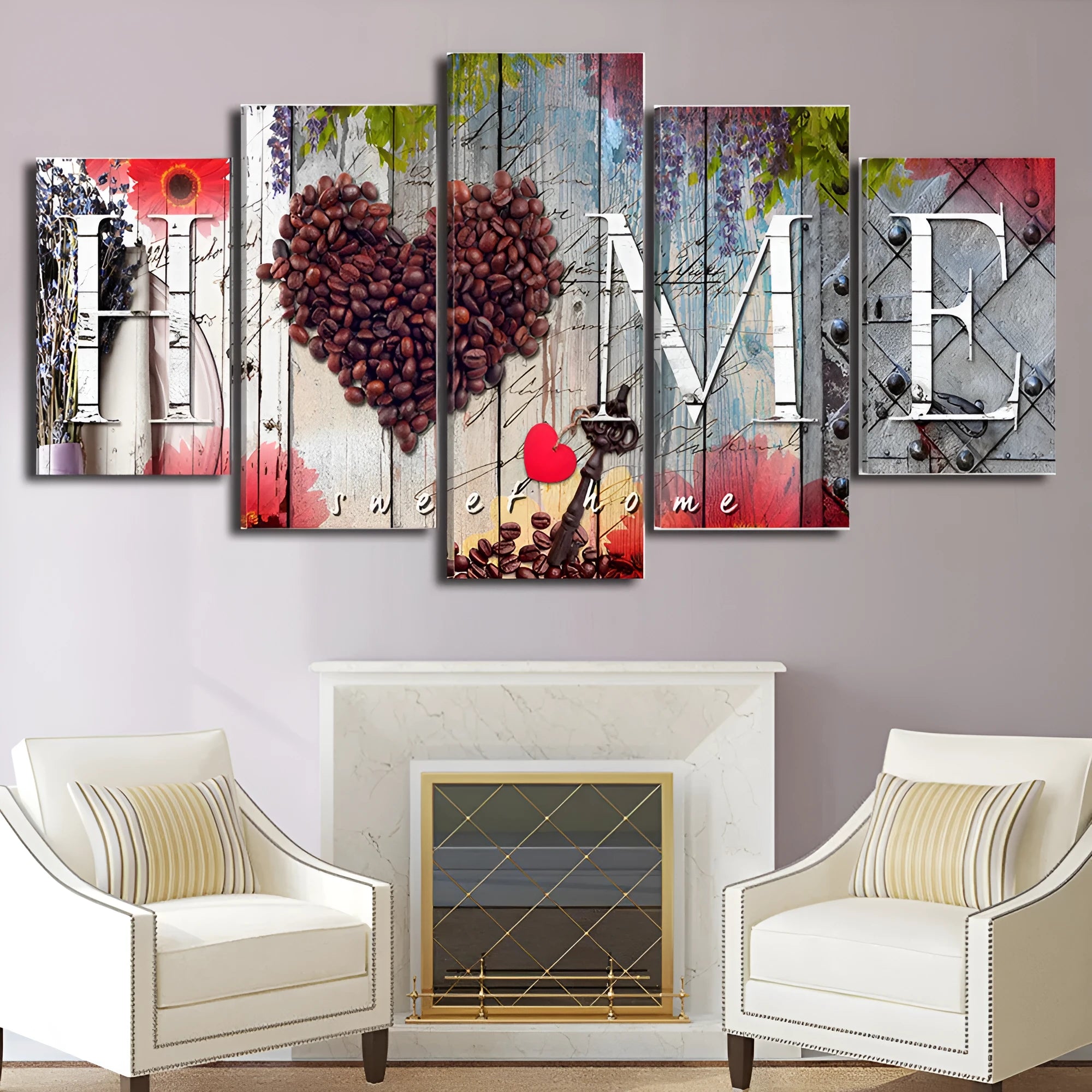 Set of five red oil painting canvases in varying sizes for wall decoration