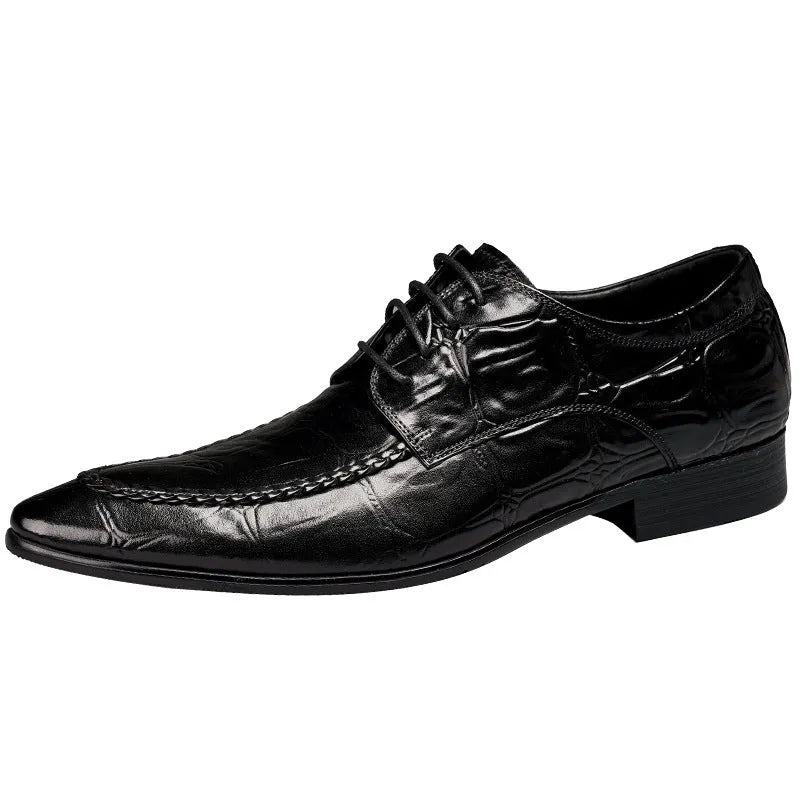 Men's black alligator pattern leather shoes with horse bit buckle and low rubber sole