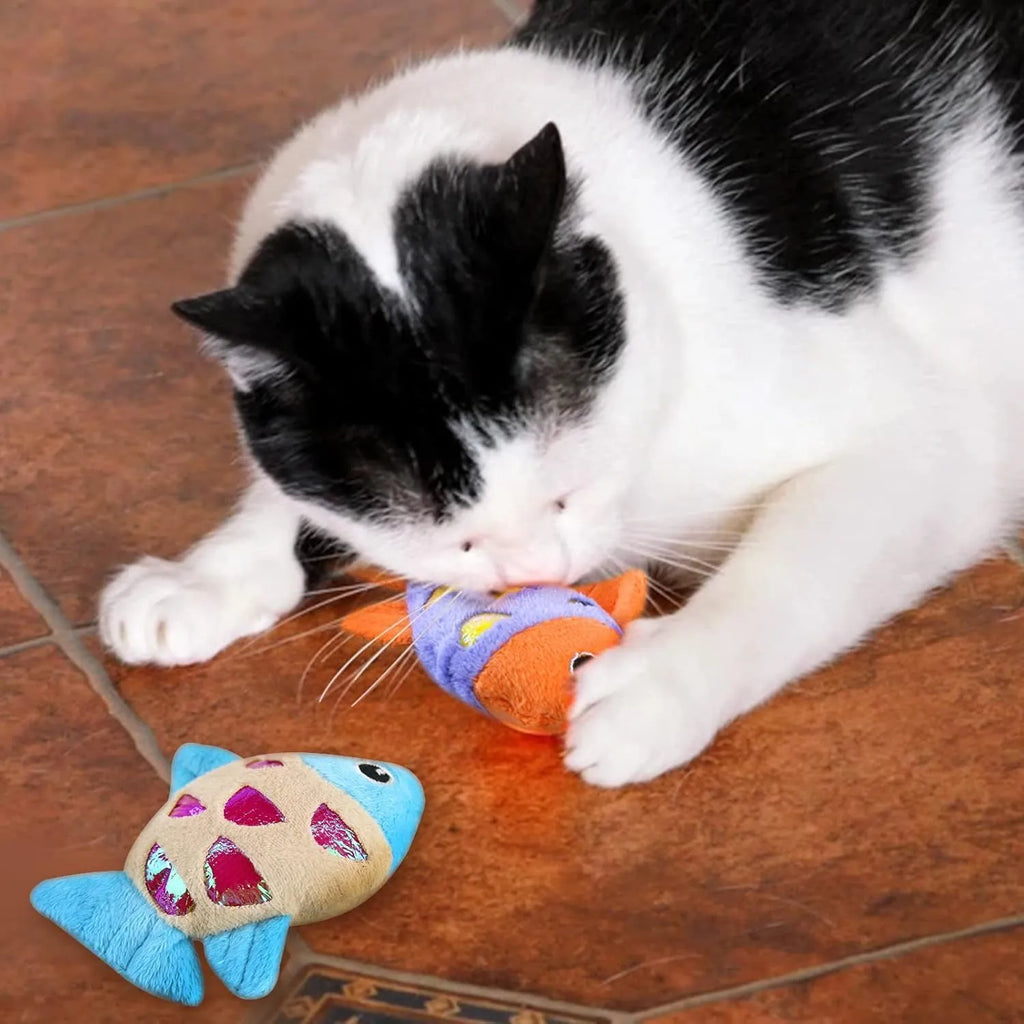 Two fish-shaped catnip plush toys with crinkle paper sound layer in blue, orange, and pink colour options