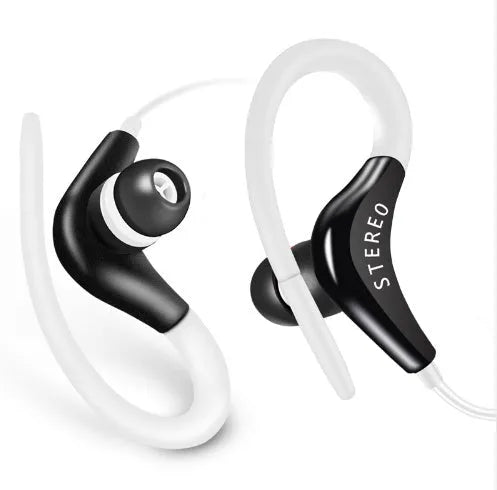 Black wired earhook sport headphones with 3.5mm jack and microphone on cable