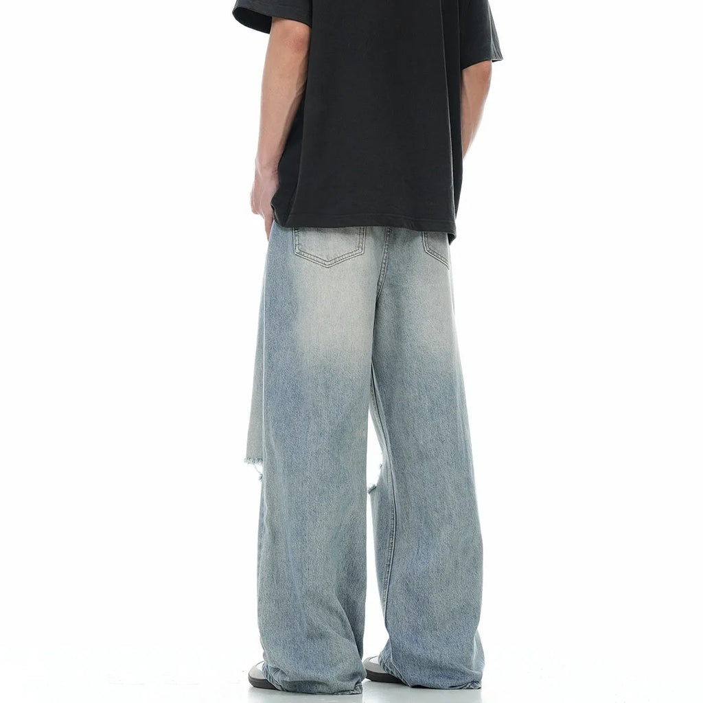 Blue straight-leg cotton blend trousers with zipper fly, retro style design, shown flat