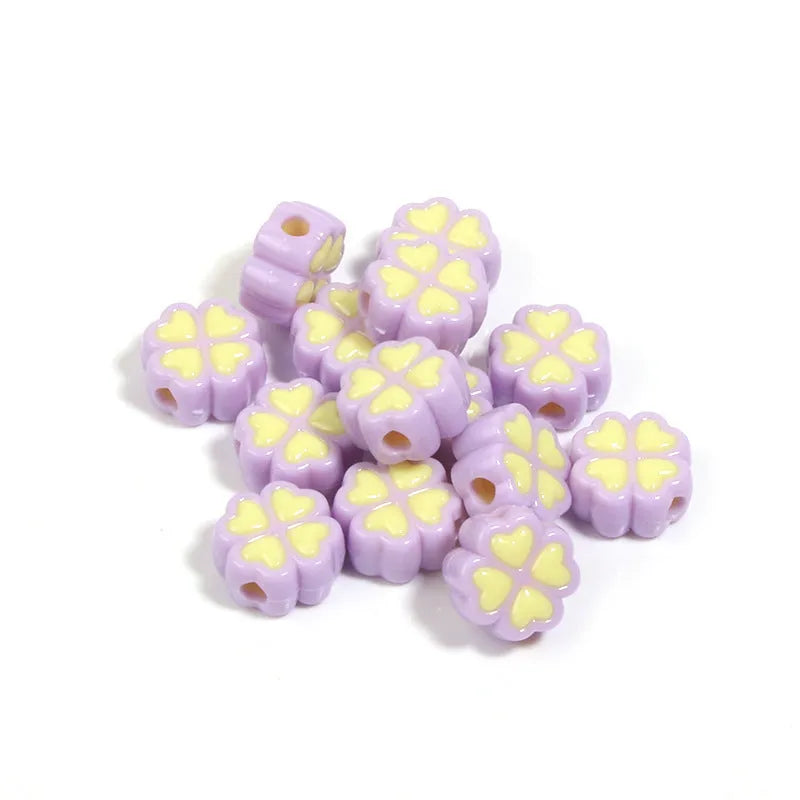 15mm frosted acrylic four-leaf clover beads in mixed colours including rose red, pink, yellow, green, blue, and purple