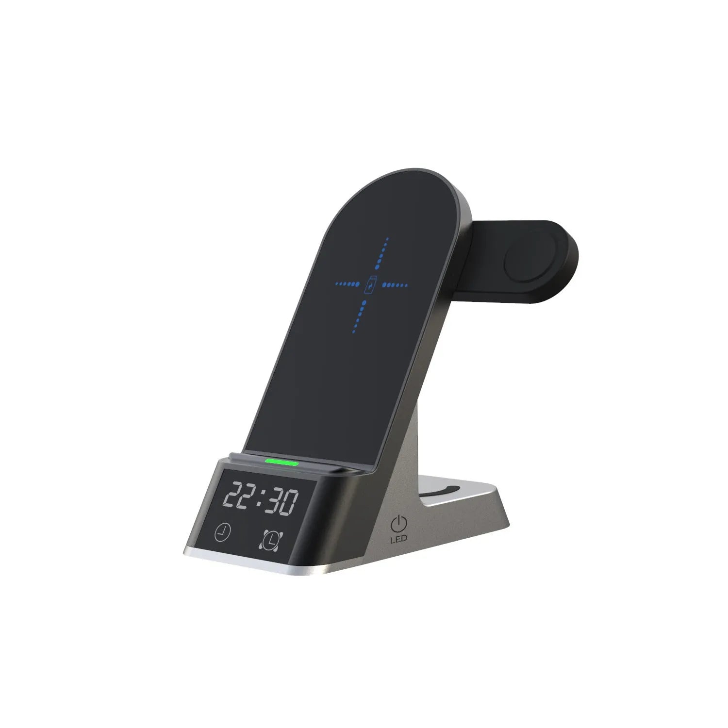 Black alarm clock wireless charger with six charging functions, dimensions 125mm by 65mm by 298mm