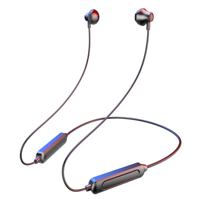 Black neck-mounted wireless sports earphones with Bluetooth 5.0 and neck-hanging design for active use