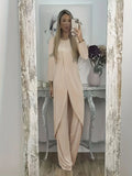 Casual polyester two-piece set with long sleeve top and trousers in khaki