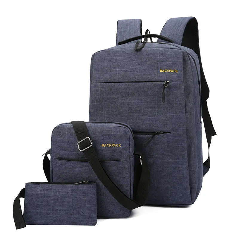 Men's three-bag set with USB port, computer compartment, and air pillow straps in navy blue colour