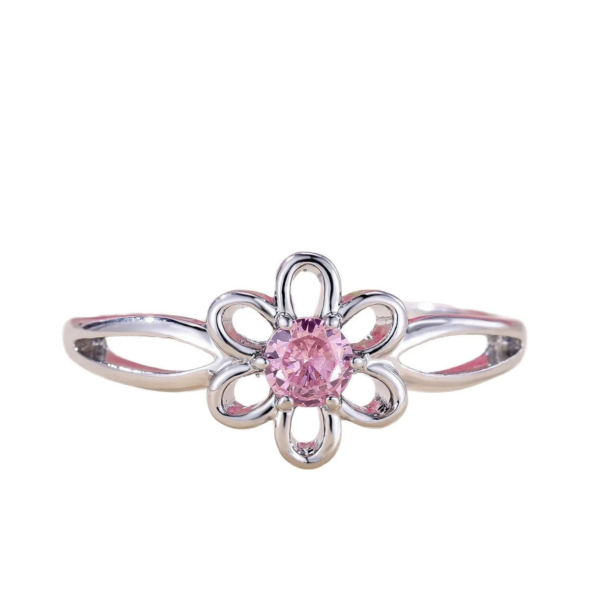 Women's copper fashion ring with hollowed flower design in platinum pink diamond colour
