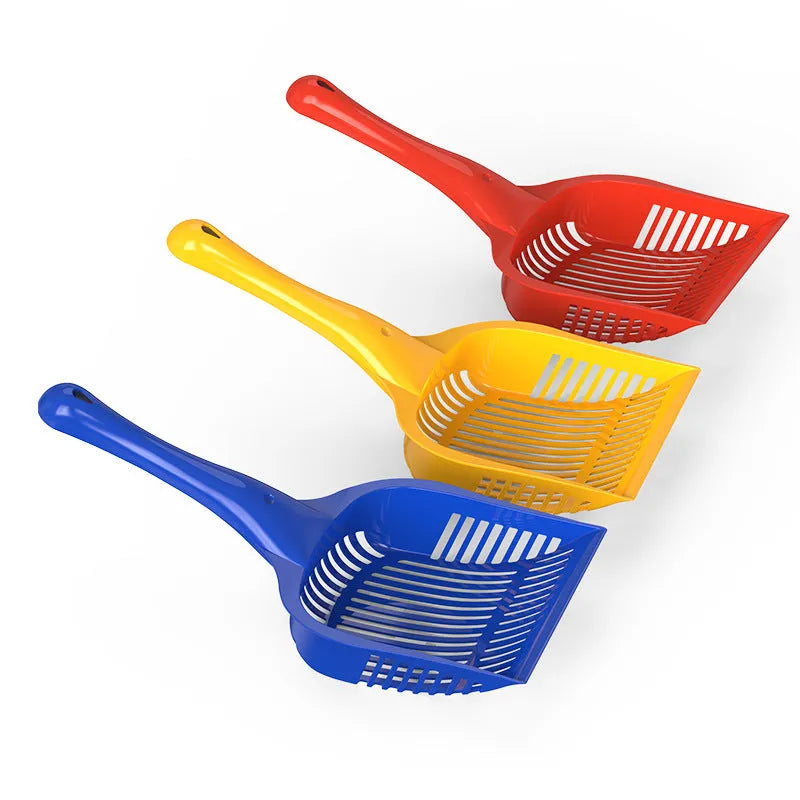 Cat litter scoop in red, yellow, or blue colour, showing small and medium size options for cleaning litter trays.