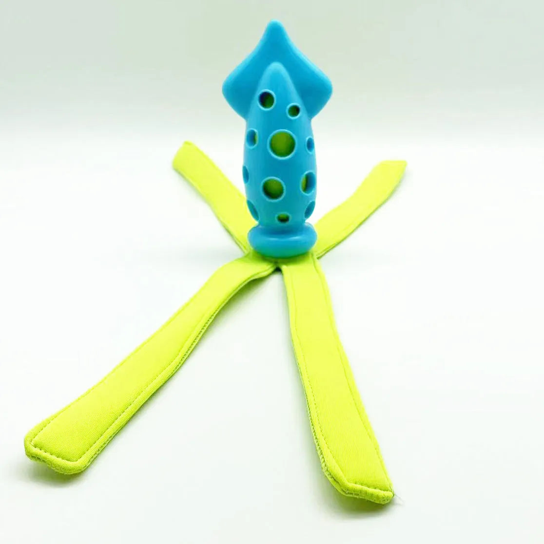 Blue cuttlefish-shaped dog chew toy approximately 39cm long with rubber and waterproof cloth construction