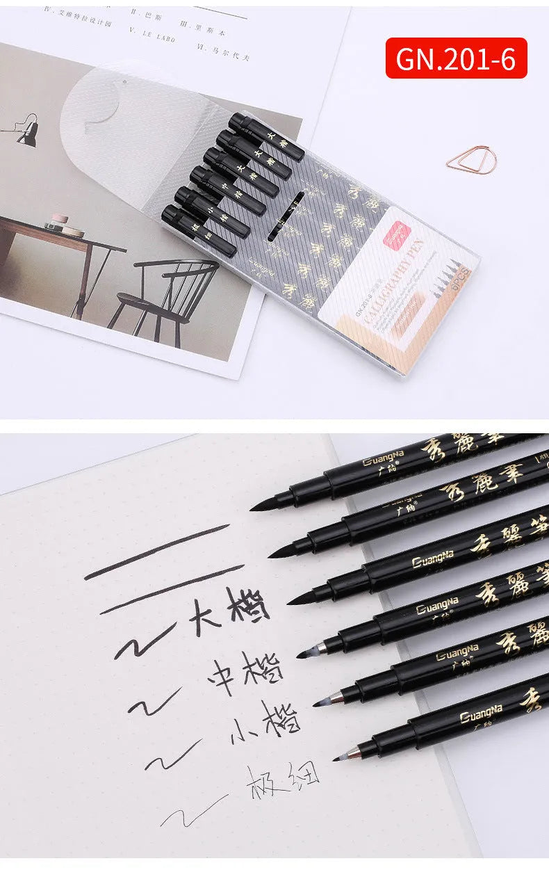 6 piece refillable calligraphy pen set with soft brush tip and plastic barrel in a box for sketching and script