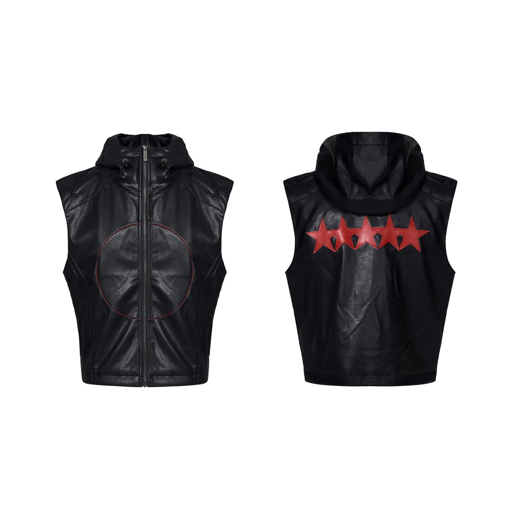 Black slim fit PU leather waistcoat coat for men with hood and five-pointed star detail.