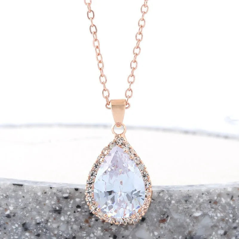 Water drop rose gold rhinestone necklace with adjustable chain and geometric pendant in multiple colours