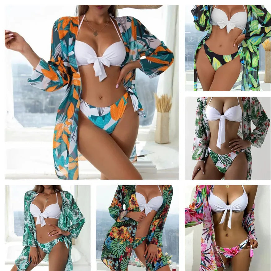 Women's three-piece bikini swimsuit with mesh split design in quick-drying polyester fabric