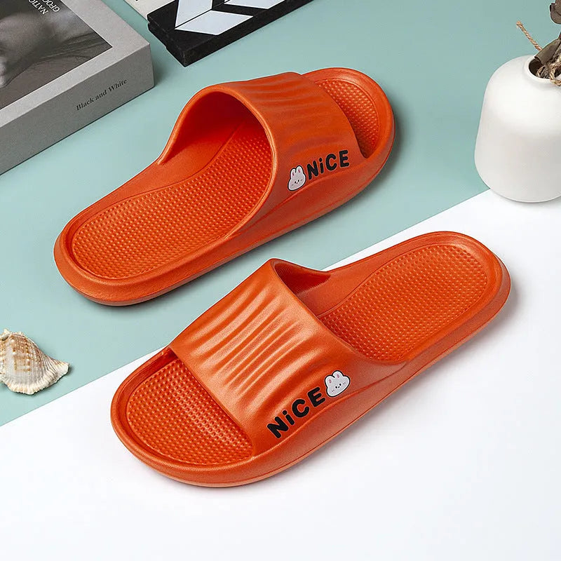 Adult unisex EVA flip-flop slippers with cartoon pattern in various colours on non-slip sole.