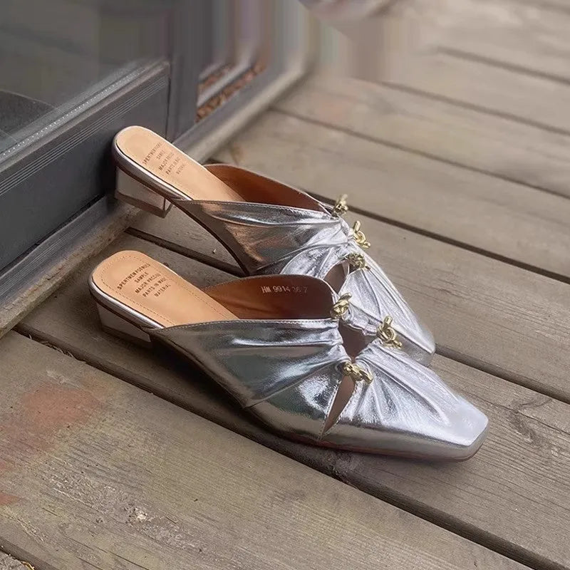 Women's genuine leather half-toe cap slippers in silver with a square toe and low TPR sole.