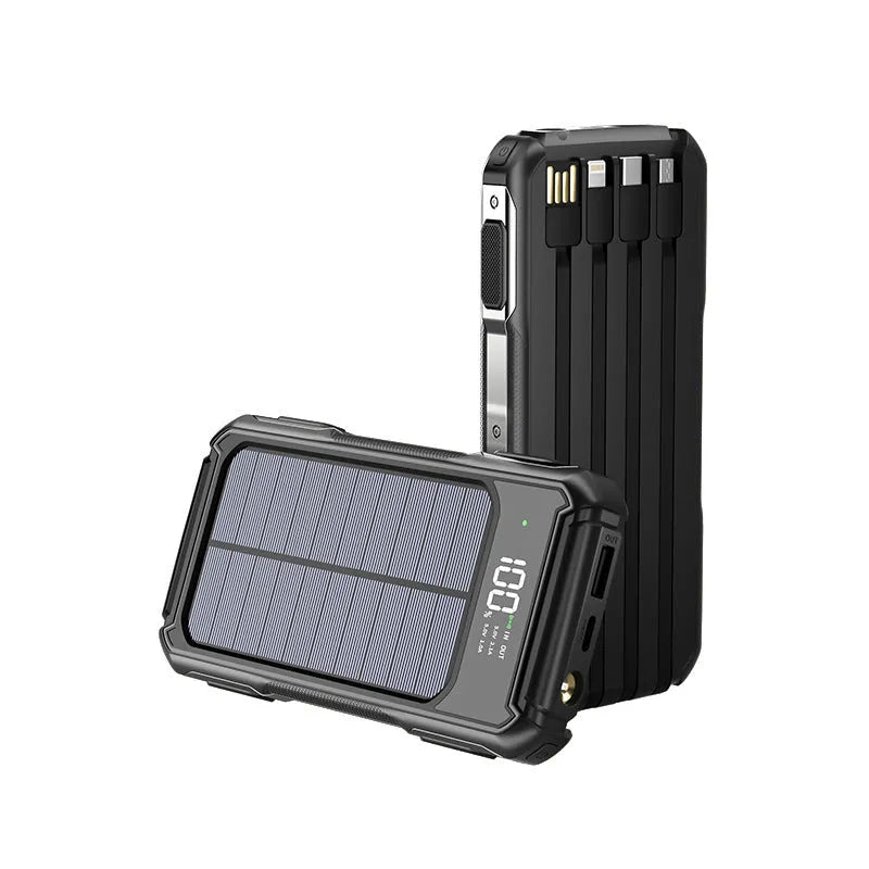 Military-grade mobile power bank in black, green, or orange with 10000mAh or 20000mAh capacity and compact size