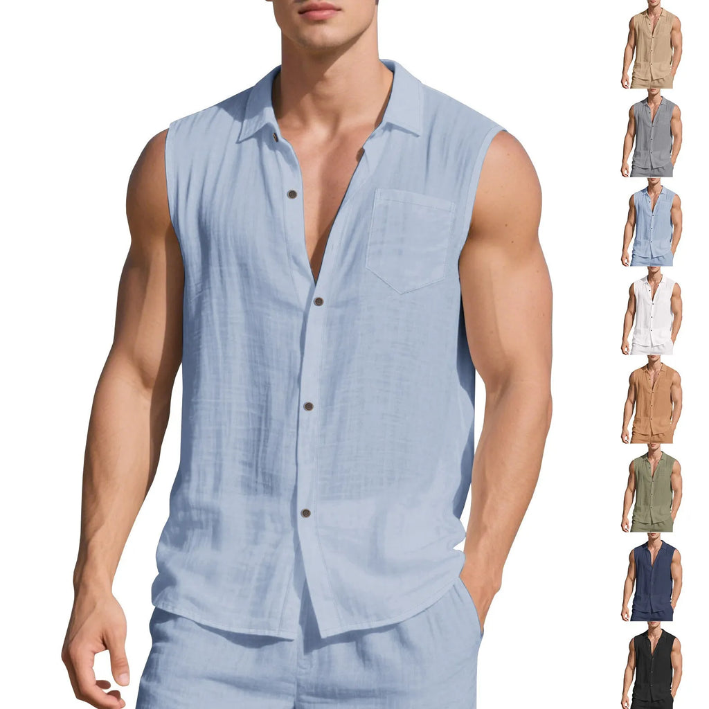 Man wearing sleeveless linen cardigan vest in light blue colour with open front design