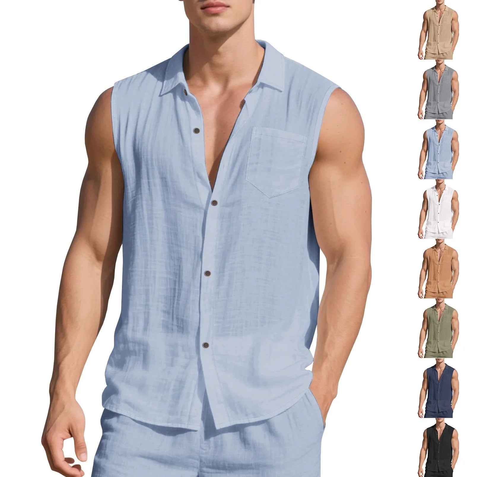Man wearing sleeveless linen cardigan vest in light blue colour with open front design