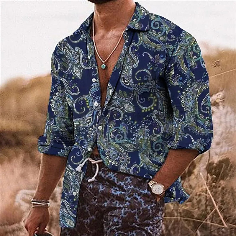 Man wearing a loose-fit long-sleeved shirt with a detailed 3D floral pattern print.