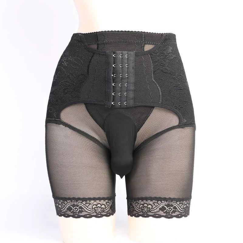 Men's personalised nylon mesh shorts in black, showing breasted design and available crotch style options.