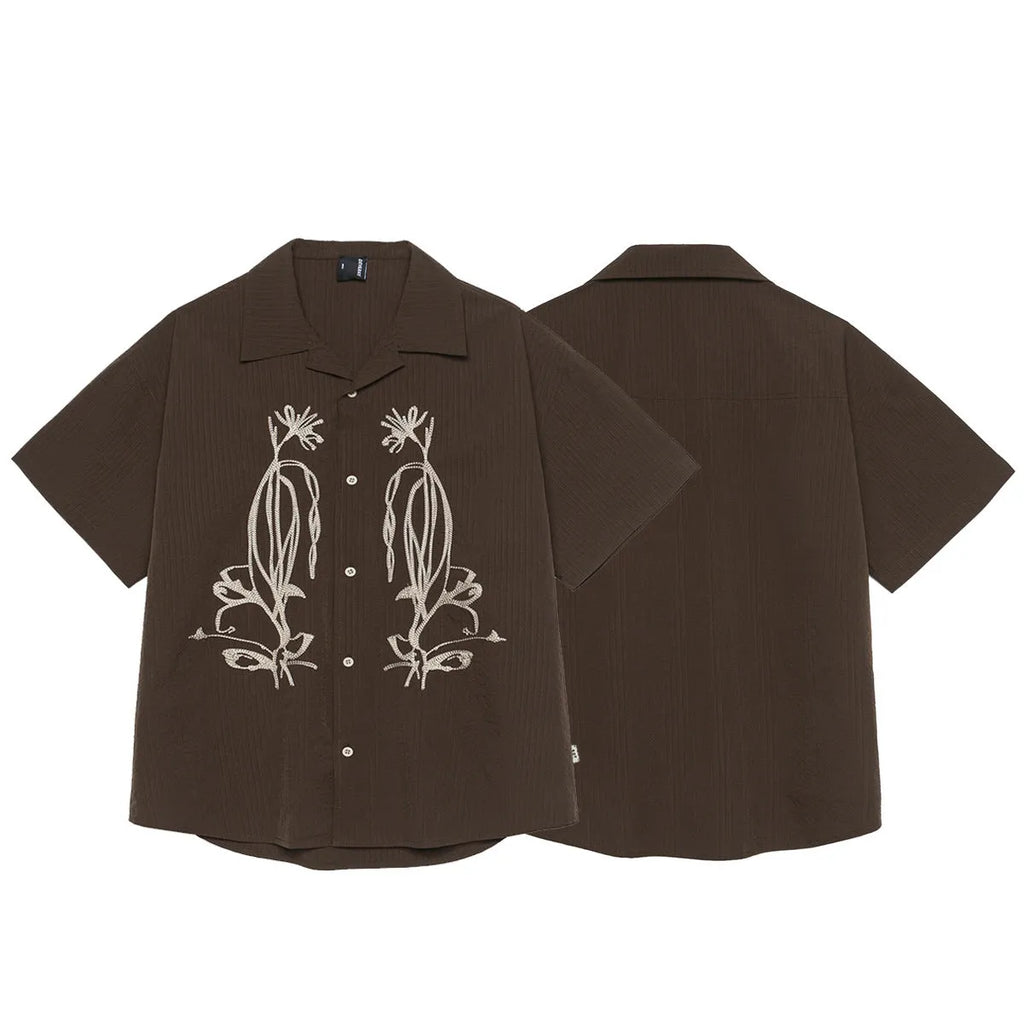 Brown coffee-coloured striped Cuban collar shirt with waterproof polyester fabric for outdoor camping
