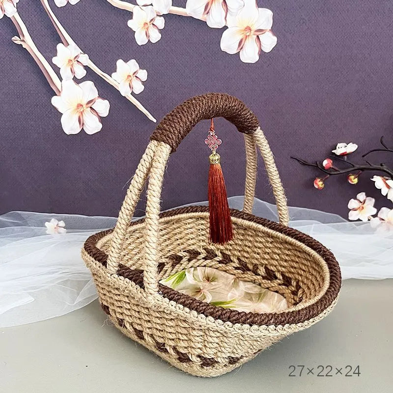Hand-woven hemp rope basket in coffee brown measuring 19cm by 12cm with natural straw texture