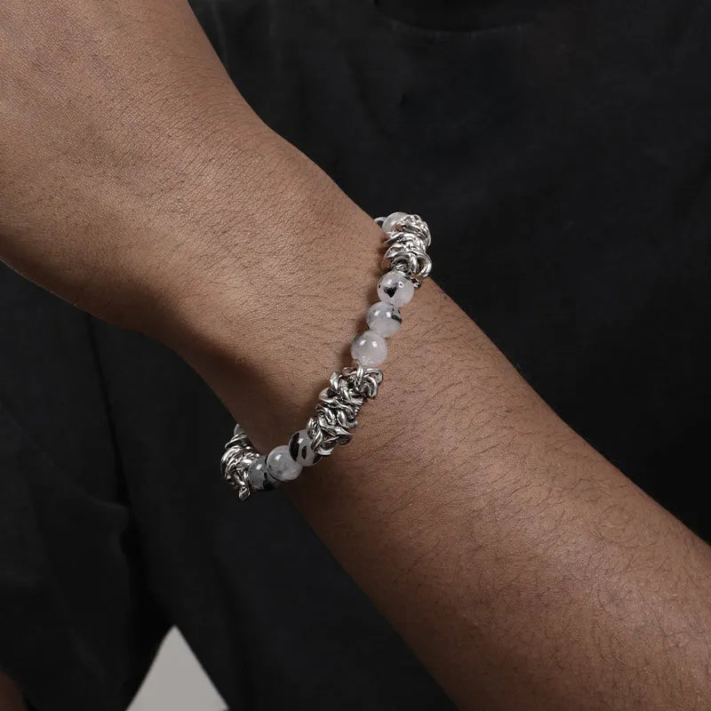 Hip hop black hair crystal bracelet with polished steel links, silver tone, 18cm plus 5cm extended chain