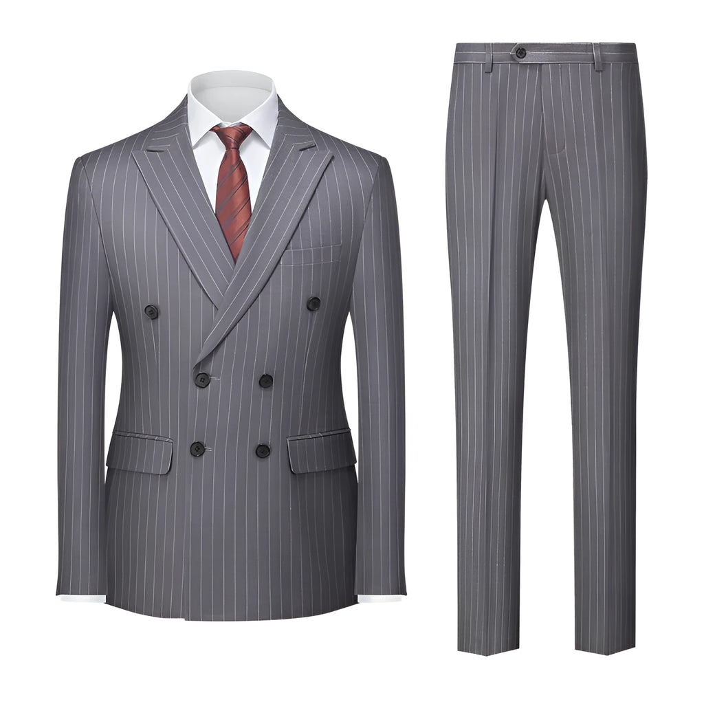 Men's slim fit double-breasted business suit in acetate blend fabric, shown in dark grey.
